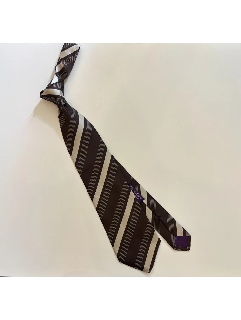 Ralph Lauren Purple Label Silk Necktie Brown Silver Striped England Hand Made
